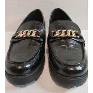 Old Navy Size 8 Black Croc Embossed Loafers Gold Chain Accent Chunky Heel Shoes